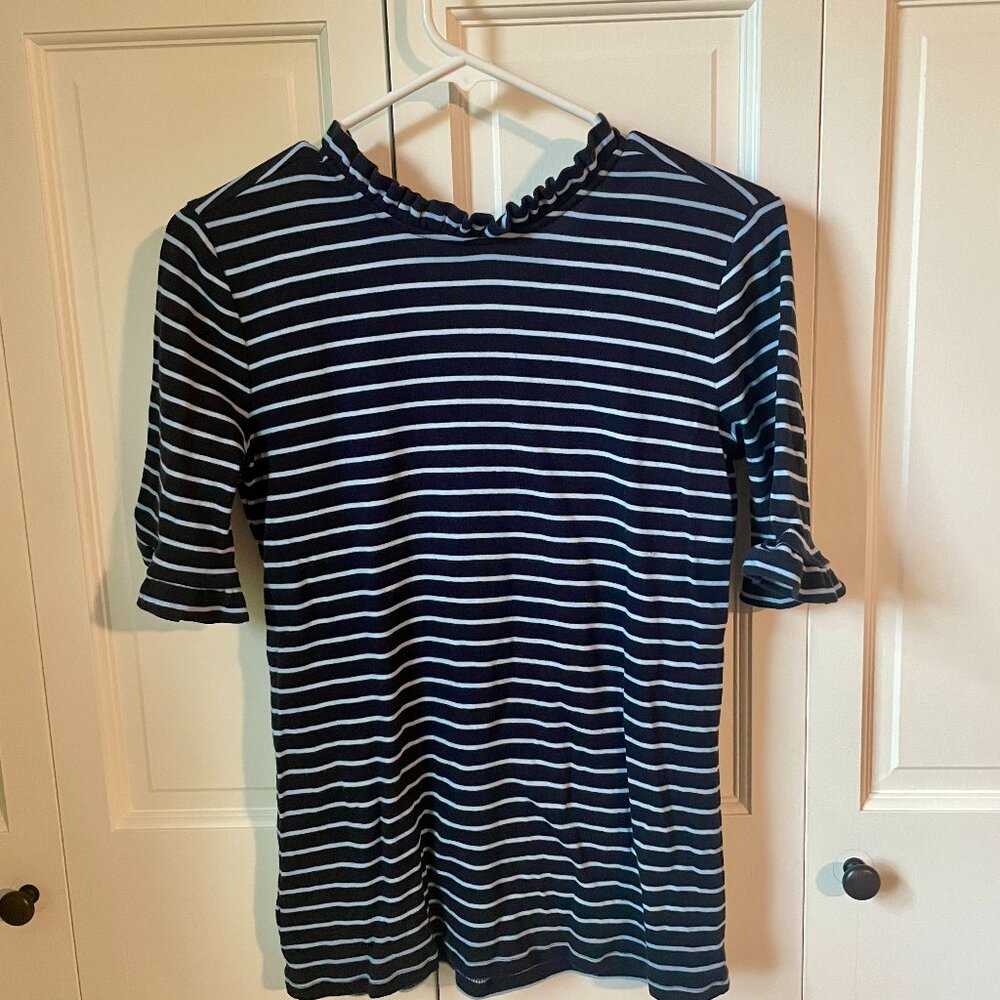 Like New Ann Taylor Striped Ruffle Neck Elbow Sleeve Top